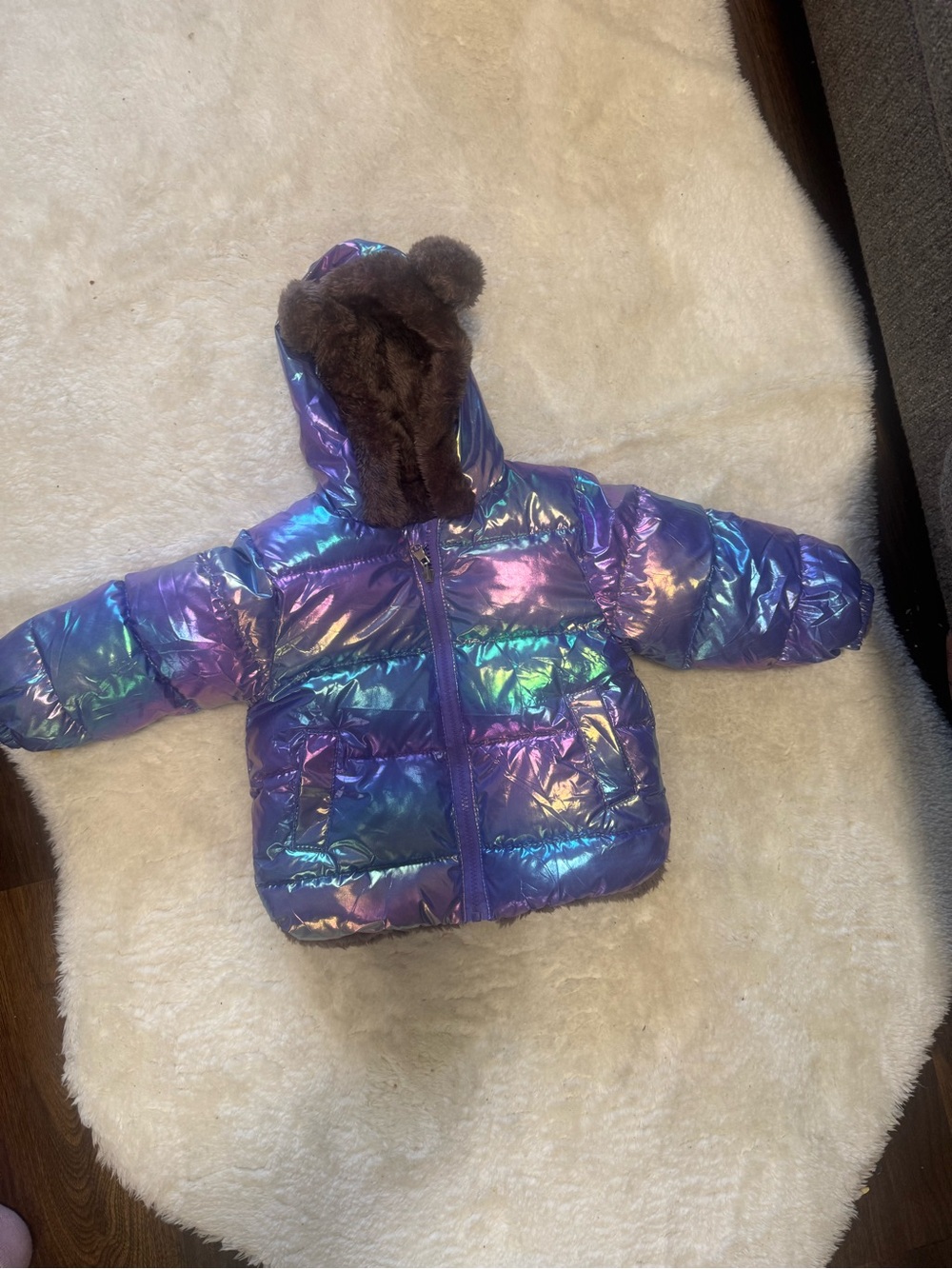 Iridescent Purple Kids Puffer Coat with Faux-Fur Hood- Toddler- 18M